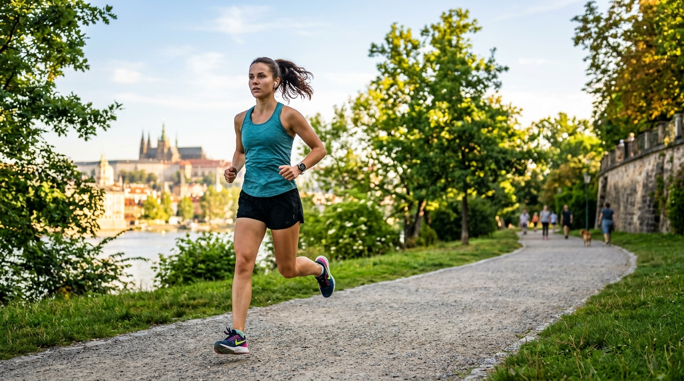Žena začíná jogging v parku, motivovaná a aktivní
